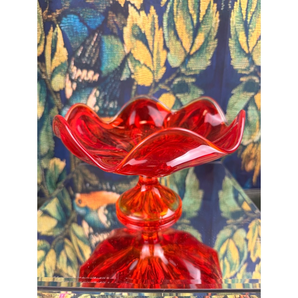 Viking‎ Glass Epic Persimmon Red Orange Swung Glass Candy Dish Pedestal Compote